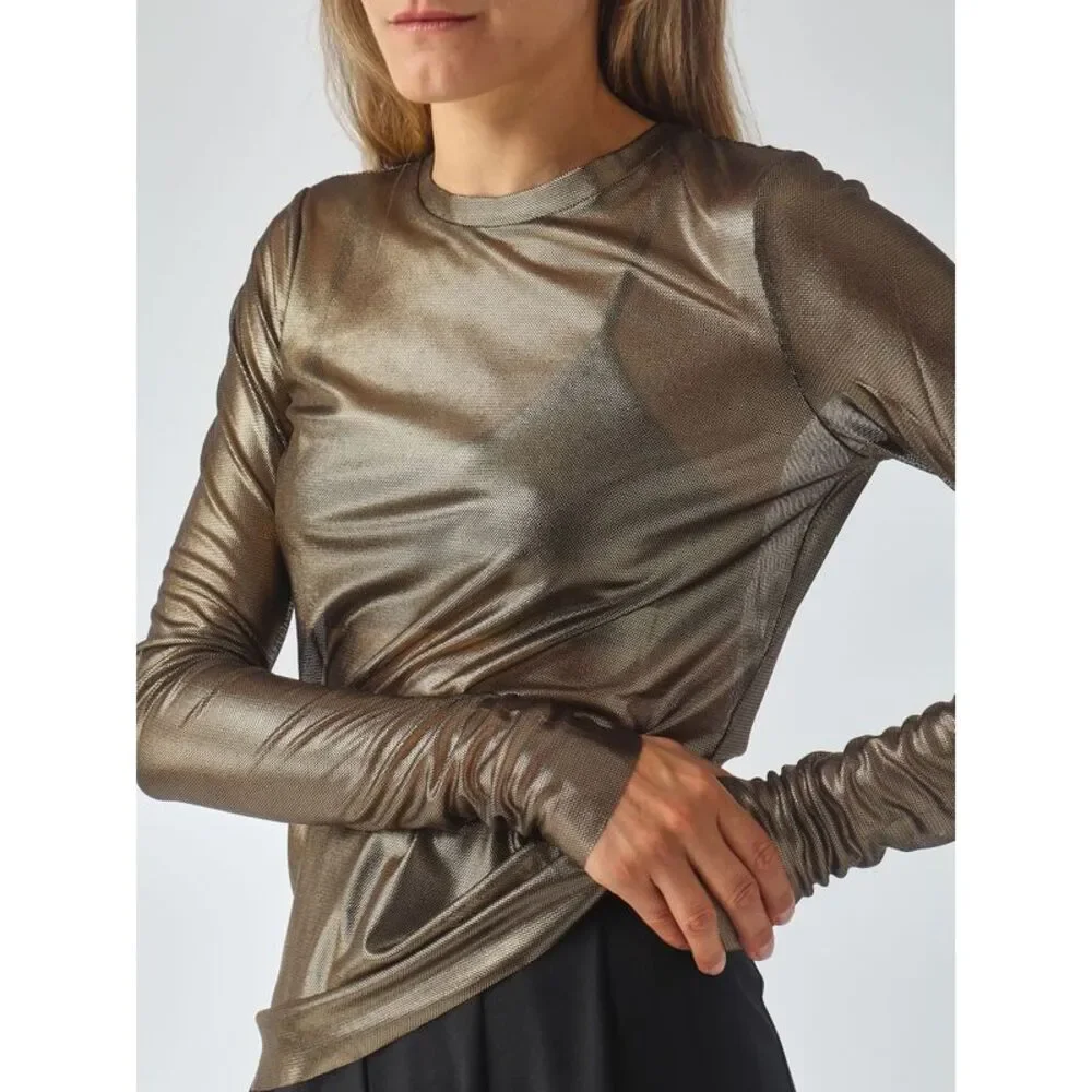 Meimeij Women Slim Fit Long-Sleeved Lame T-Shirt Meimeij With A Crew Neck